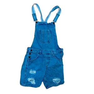 Boohoo Distressed Overall Blue Jean Shorts